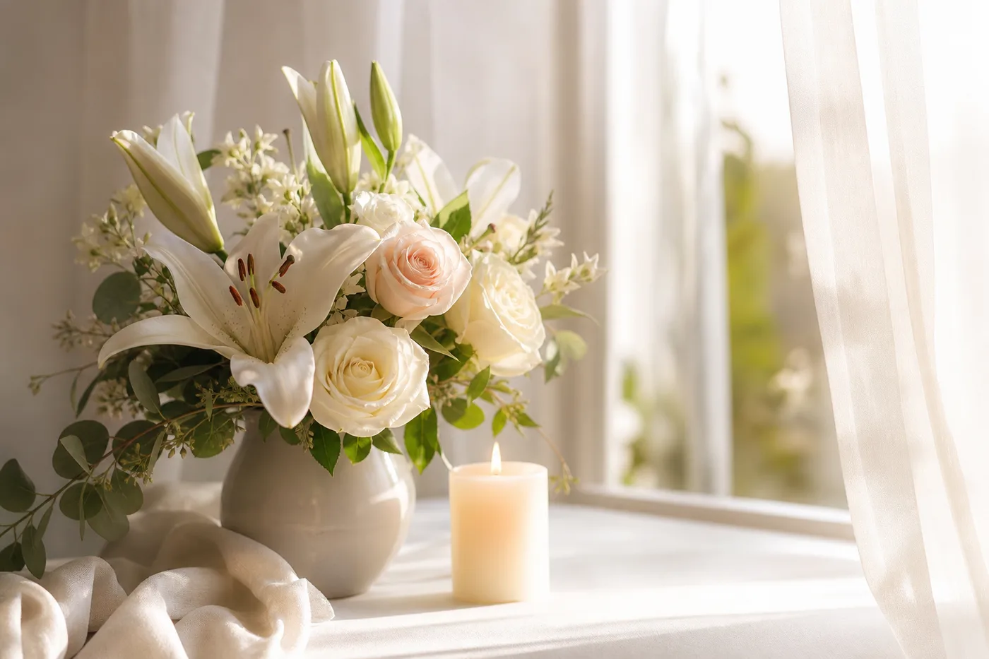 White lilies and roses in a vase beside a softly lit candle on a sunlit windowsill